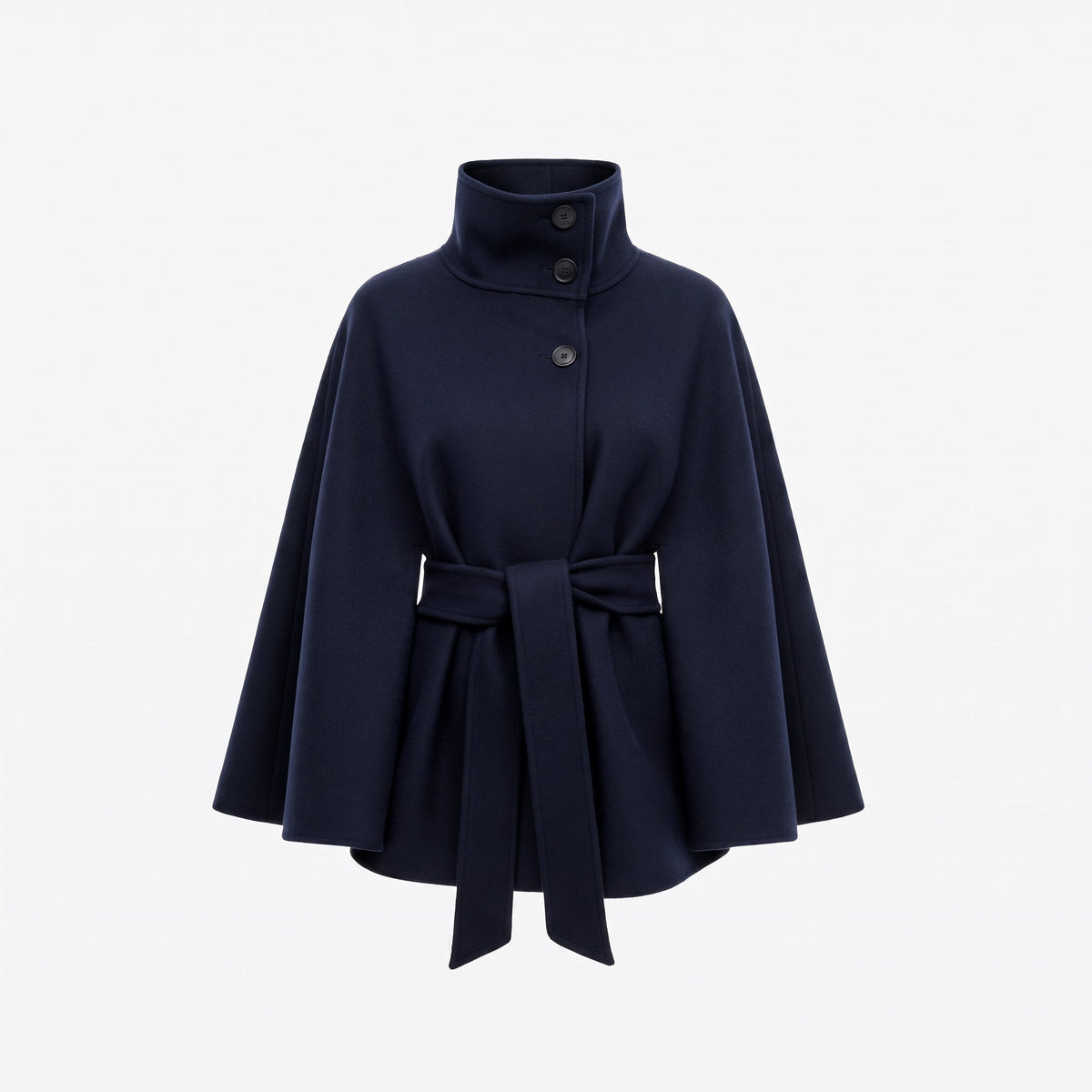 Sophia - Women's Belted Cape Coat with High Collar and Batwing Sleeves - Capes - Navy - Parker&Brooks