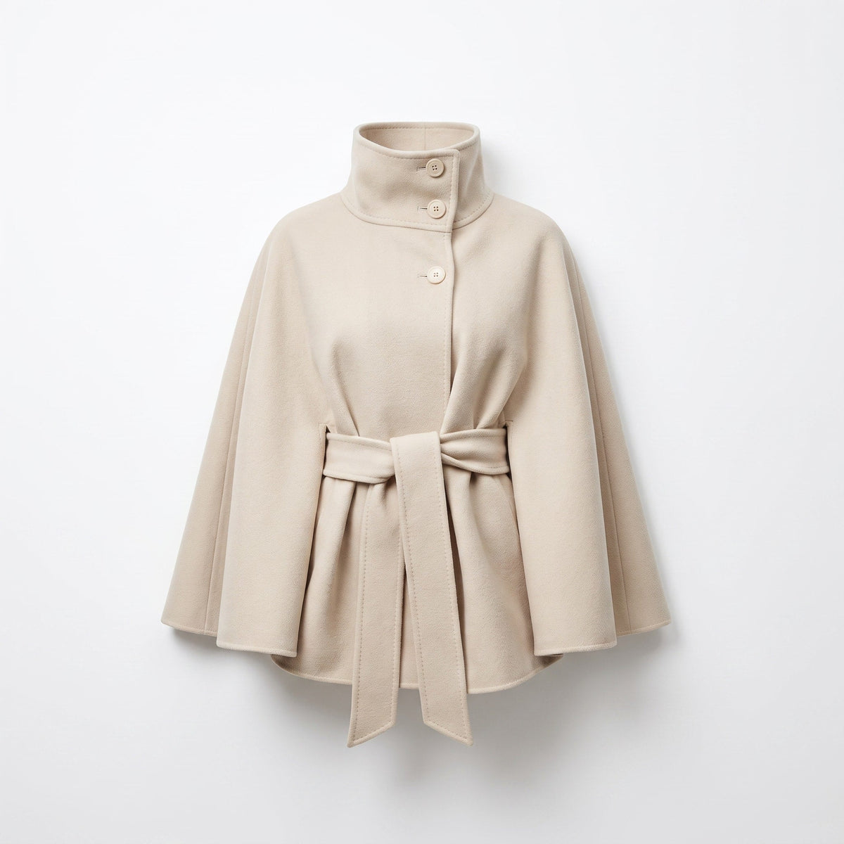 Sophia - Women's Belted Cape Coat with High Collar and Batwing Sleeves - Capes - White - Parker&Brooks