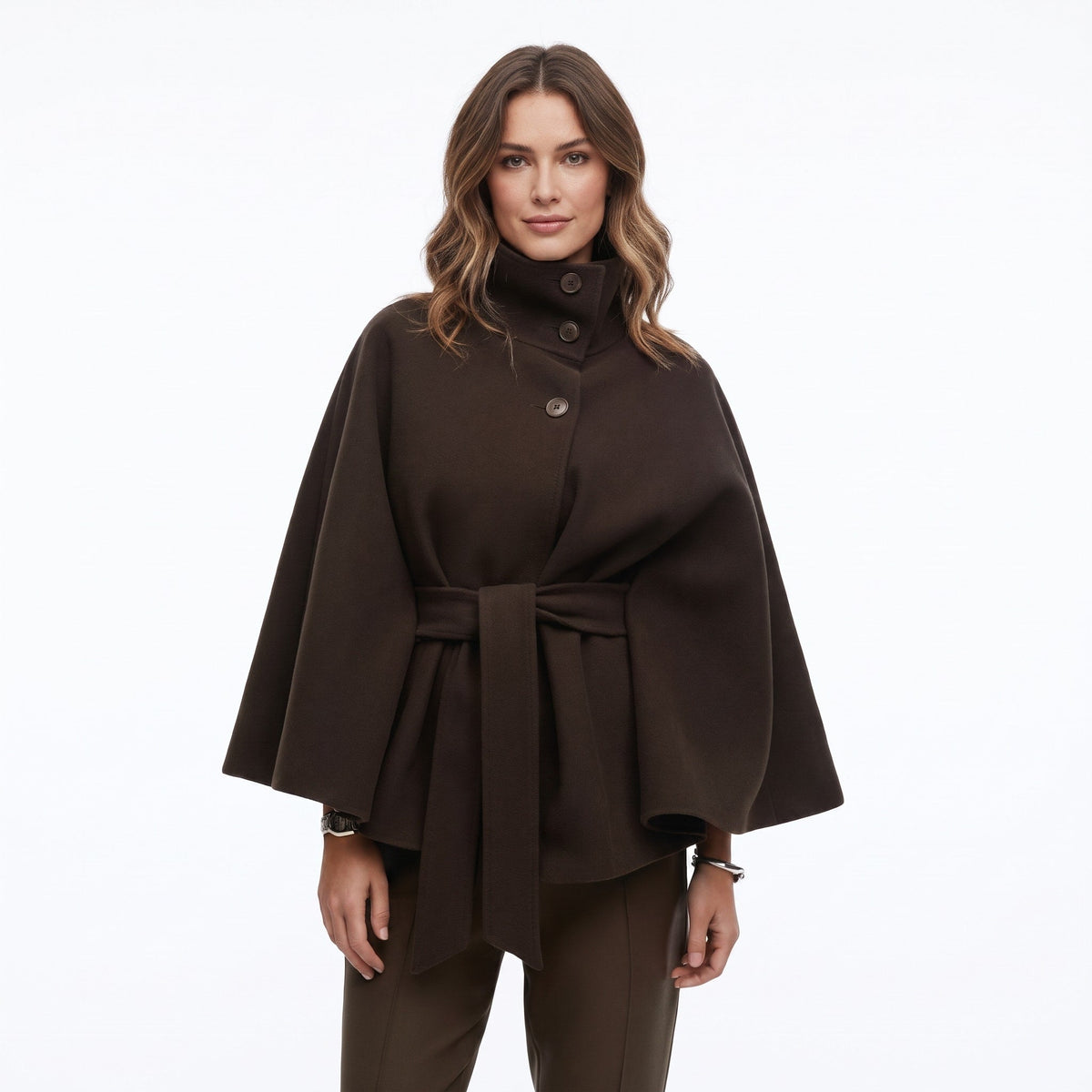Sophia - Women's Belted Cape Coat with High Collar and Batwing Sleeves - Capes - Brown - Parker&Brooks
