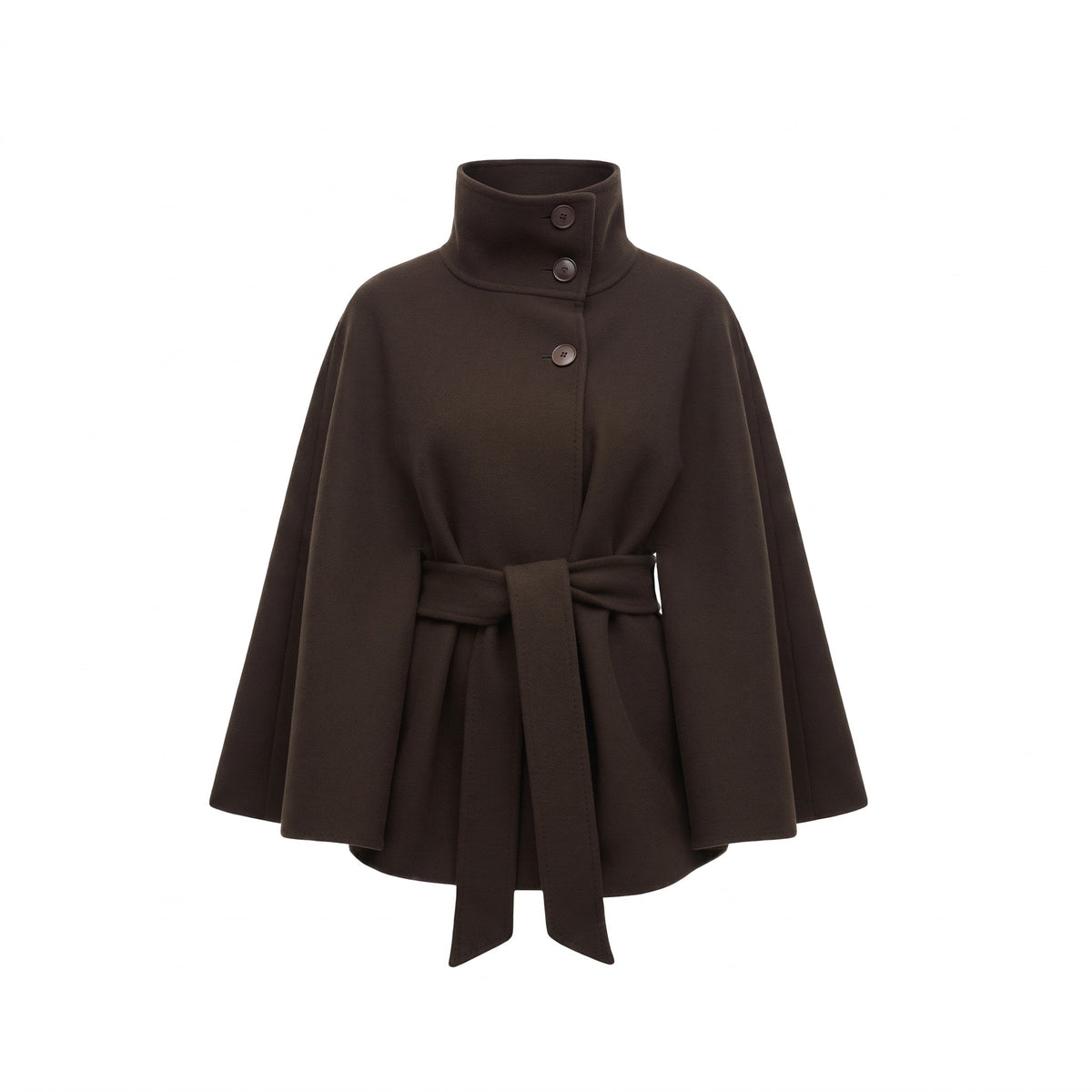 Sophia - Women's Belted Cape Coat with High Collar and Batwing Sleeves - Capes - Brown - Parker&Brooks