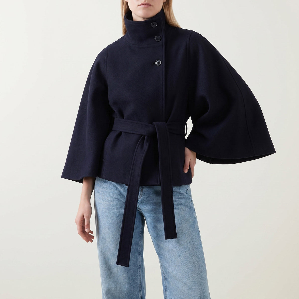 Sophia - Women's Belted Cape Coat with High Collar and Button Closure - Capes - Blue - Parker&Brooks