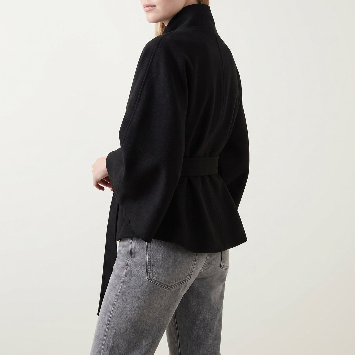 Sophia - Women's Belted Cape Coat with High Collar and Button Closure - Capes - Black - Parker&Brooks