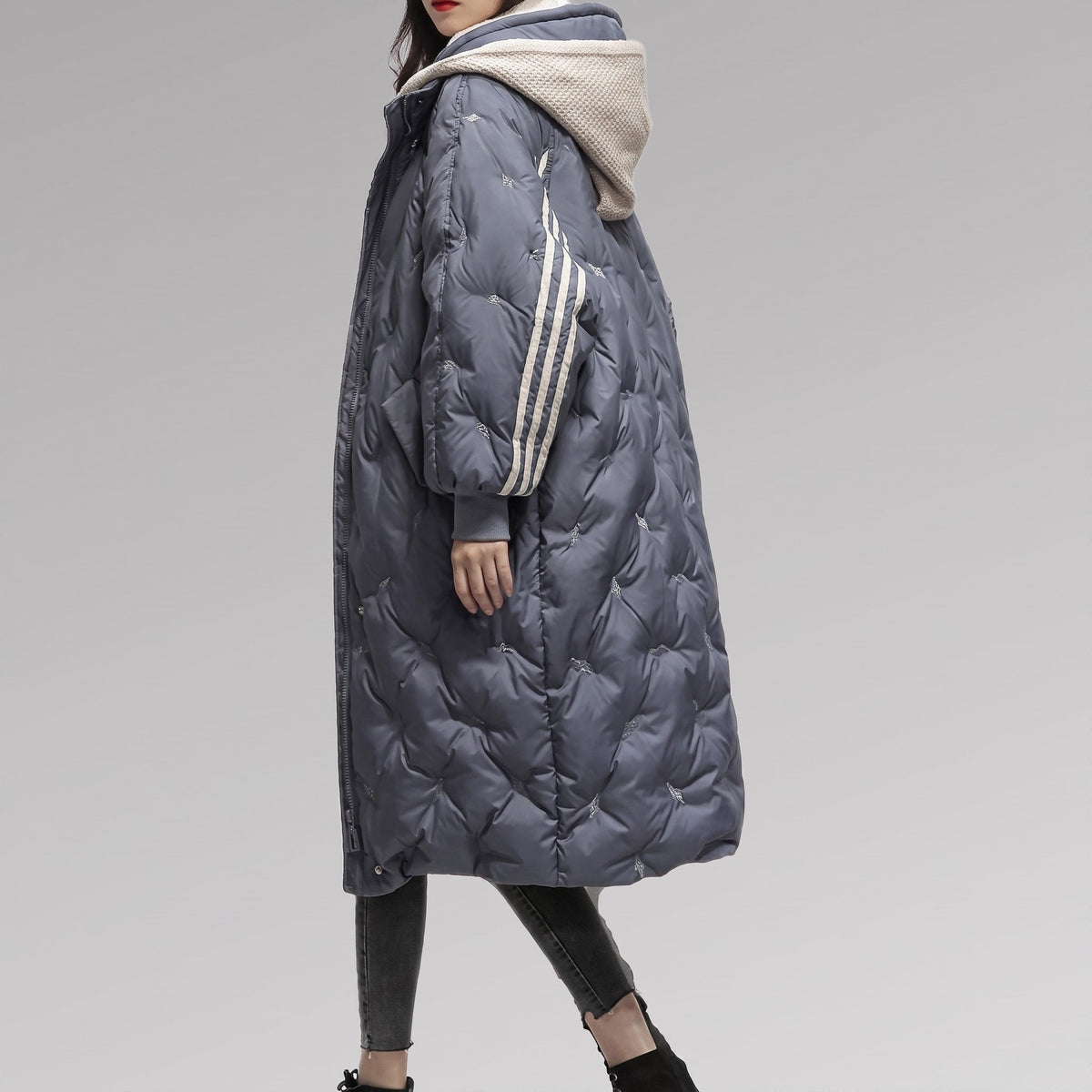 Sophia - Women's Hooded Longline Puffer Coat with Striped Cuffs - Puffer Jacket - Blue - Parker&Brooks