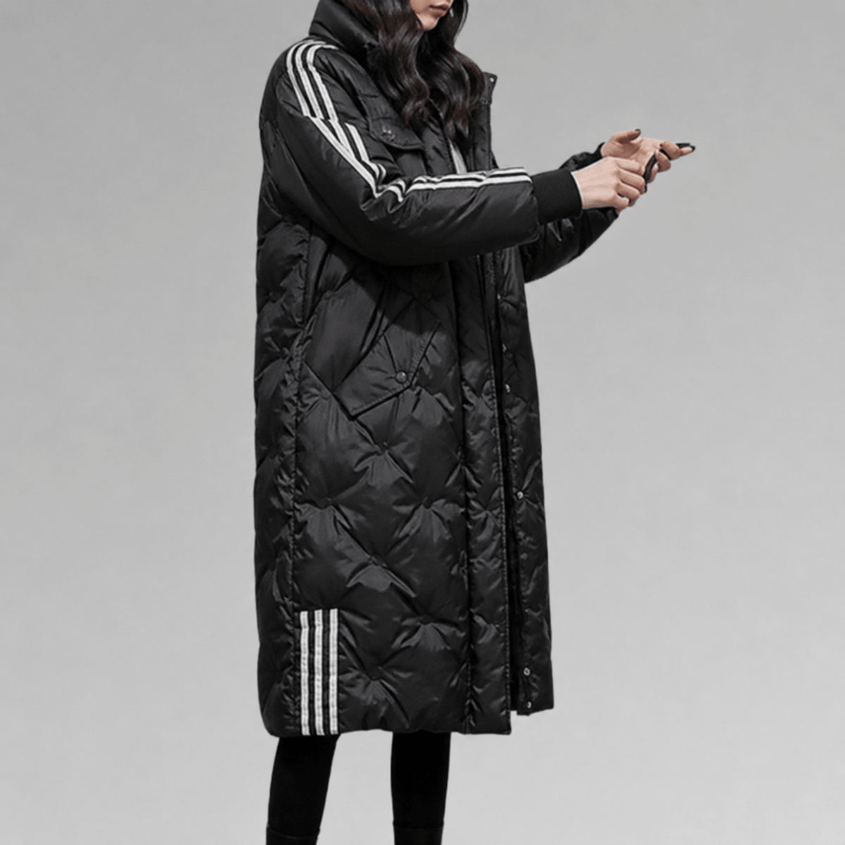 Sophia - Women's Hooded Longline Puffer Coat with Striped Cuffs - Puffer Jacket - Black - Parker&Brooks
