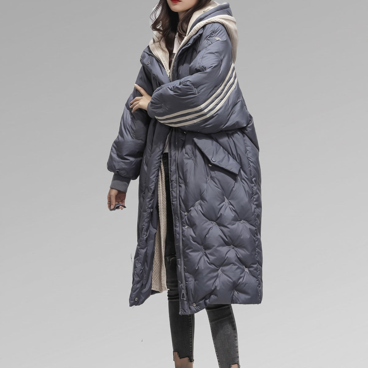 Sophia - Women's Hooded Longline Puffer Coat with Striped Cuffs - Puffer Jacket - Blue - Parker&Brooks