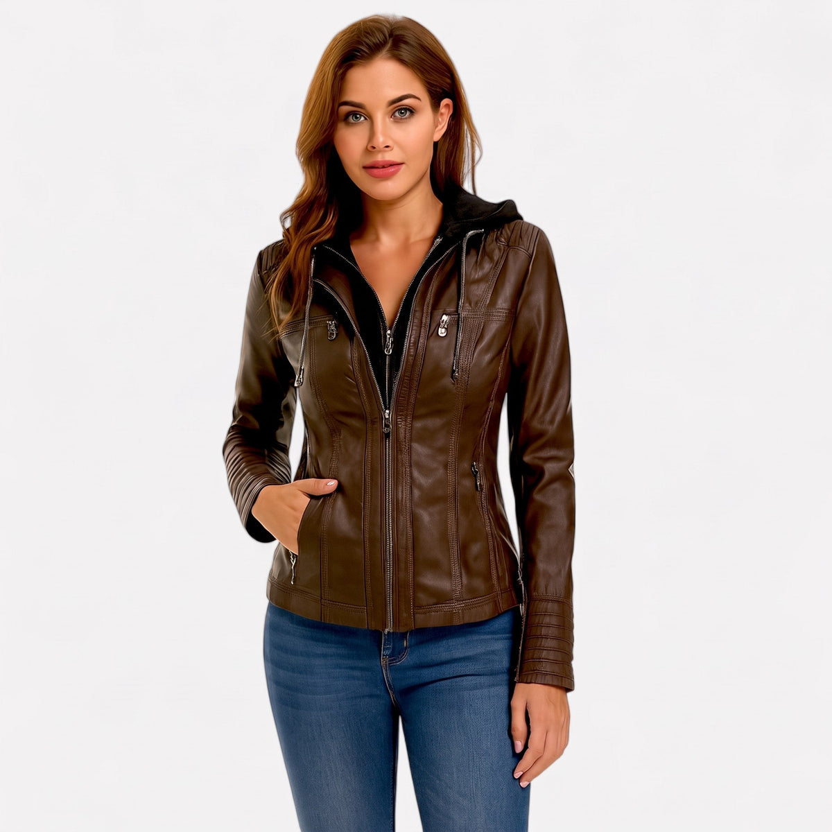 Sophia - Women's Hooded Moto Jacket with Zip Pockets and Drawstring Hood - Motorcycle Outerwear - Dark Brown - Parker&Brooks