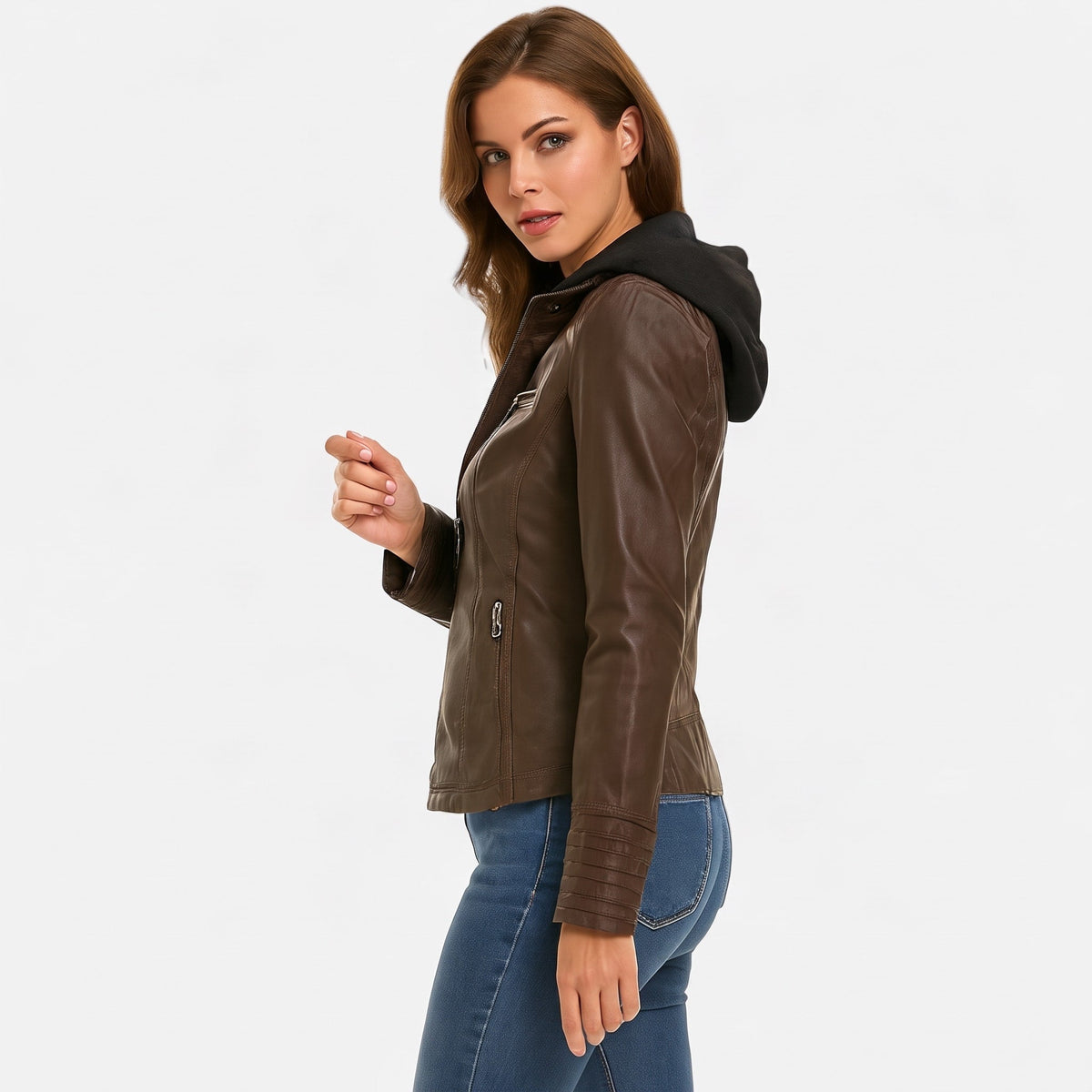 Sophia - Women's Hooded Moto Jacket with Zip Pockets and Drawstring Hood - Motorcycle Outerwear - Dark Brown - Parker&Brooks