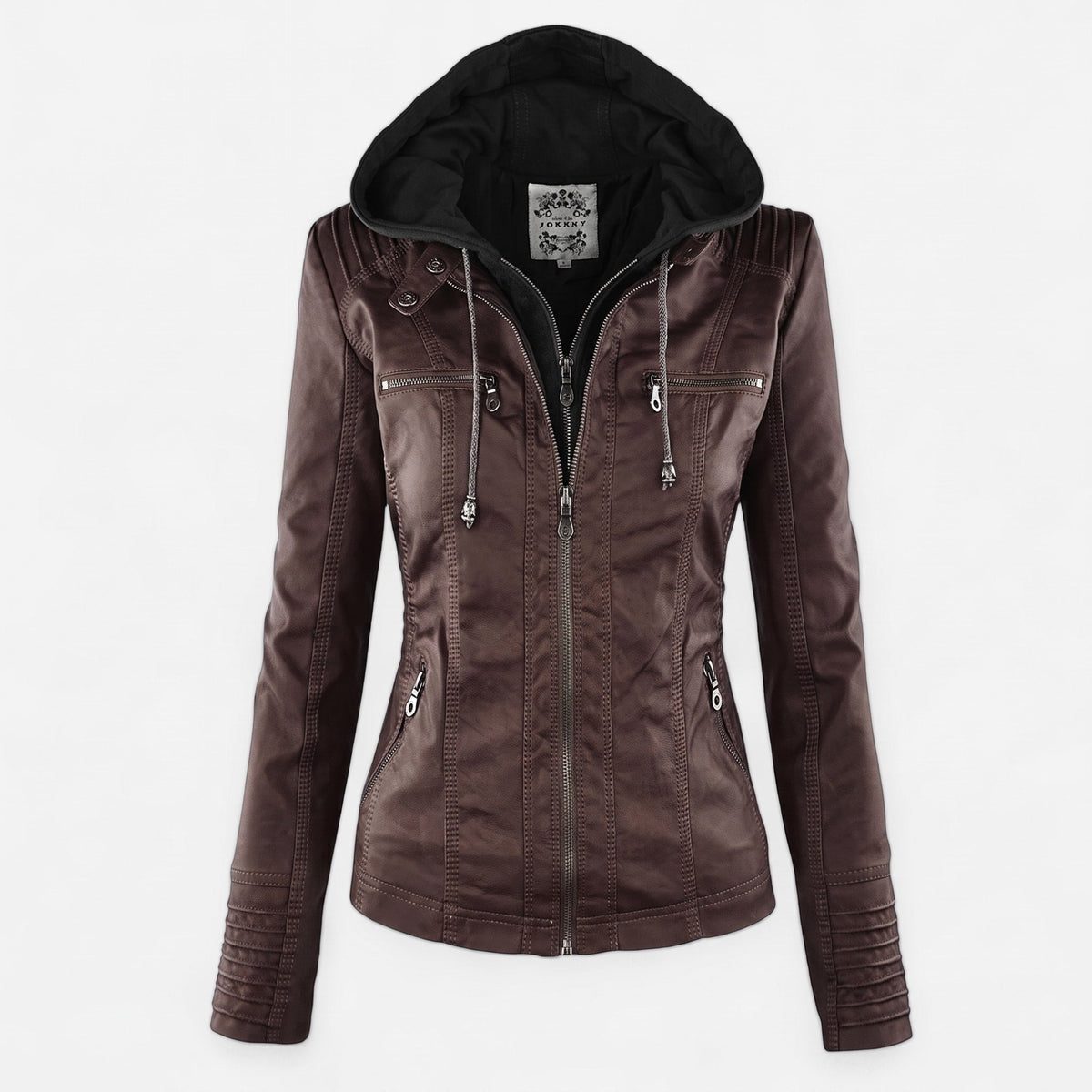 Sophia - Women's Hooded Moto Jacket with Zip Pockets and Drawstring Hood - Motorcycle Outerwear - Dark Brown - Parker&Brooks