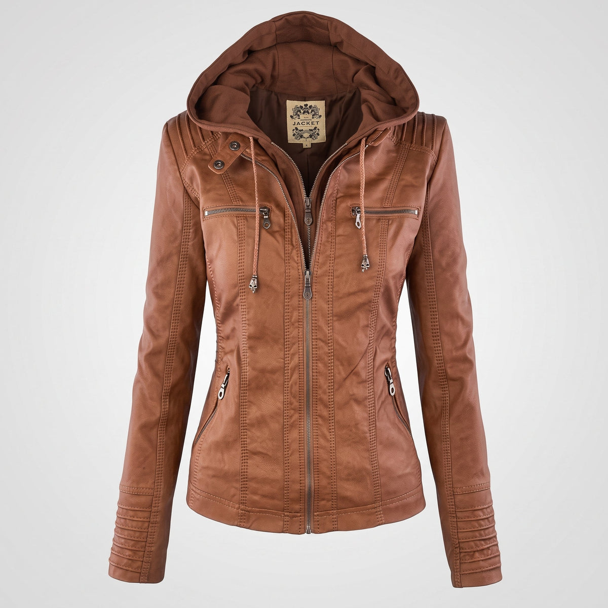 Sophia - Women's Hooded Moto Jacket with Zip Pockets and Drawstring Hood - Motorcycle Outerwear - Brown - Parker&Brooks