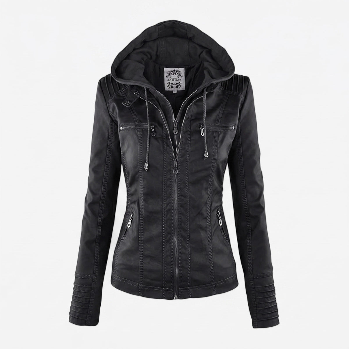 Sophia - Women's Hooded Moto Jacket with Zip Pockets and Drawstring Hood - Motorcycle Outerwear - Black - Parker&Brooks