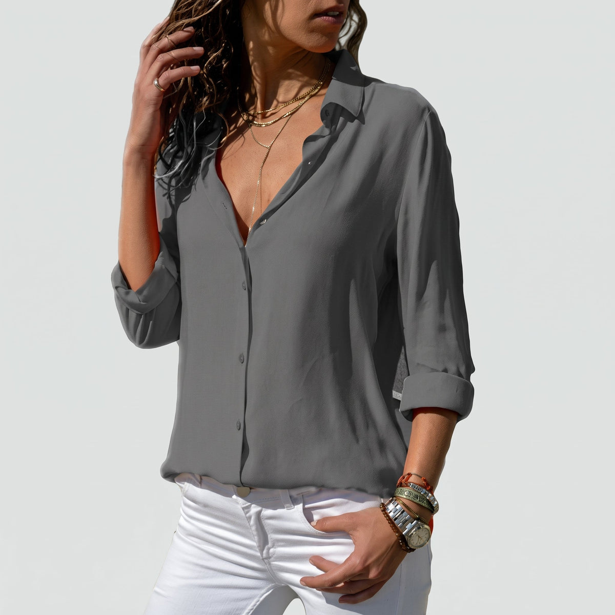 Sophia - Women's Long Sleeve Button-Down Collared Blouse - Blouses - Gray - Parker&Brooks