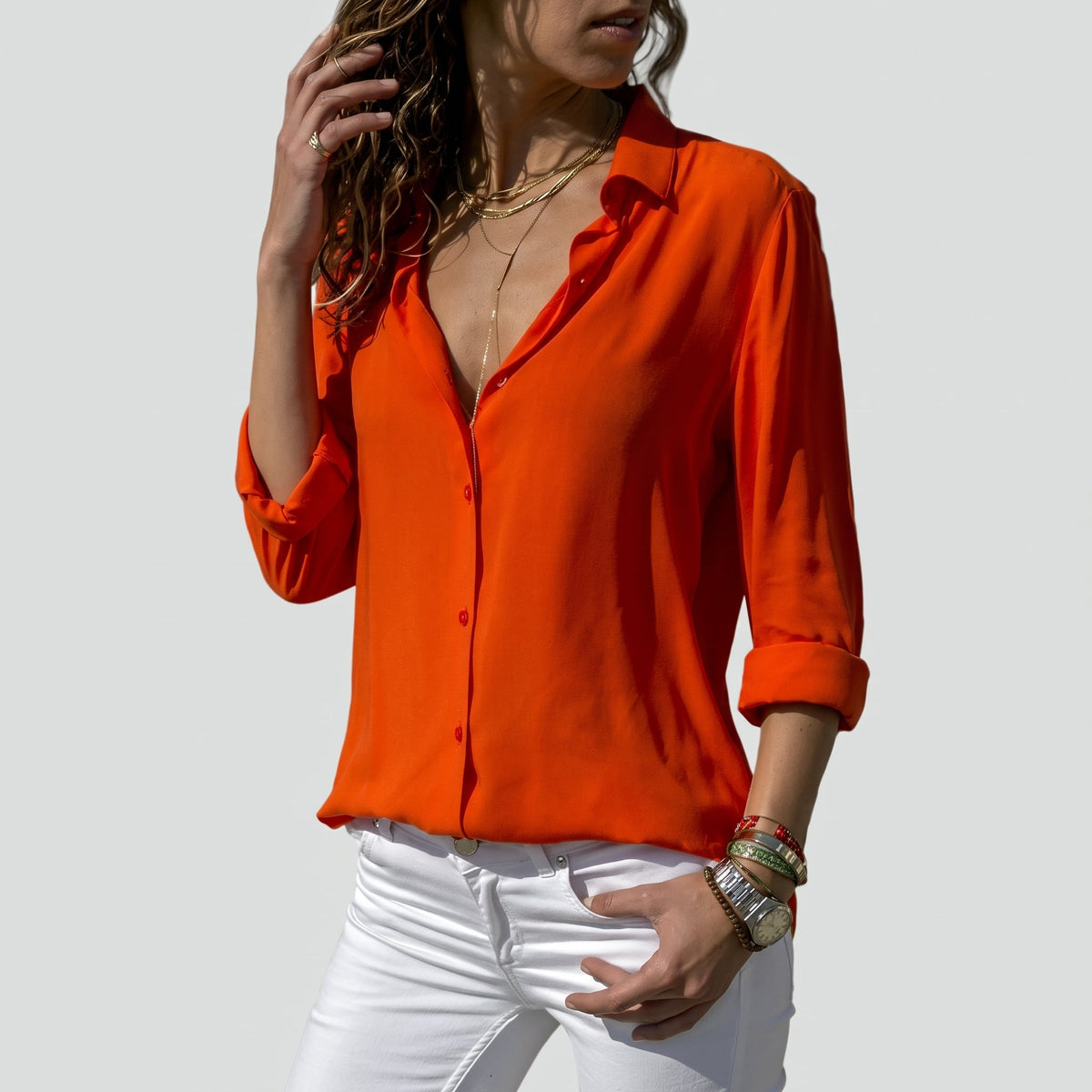 Sophia - Women's Long Sleeve Button-Down Collared Blouse - Blouses - Orange - Parker&Brooks
