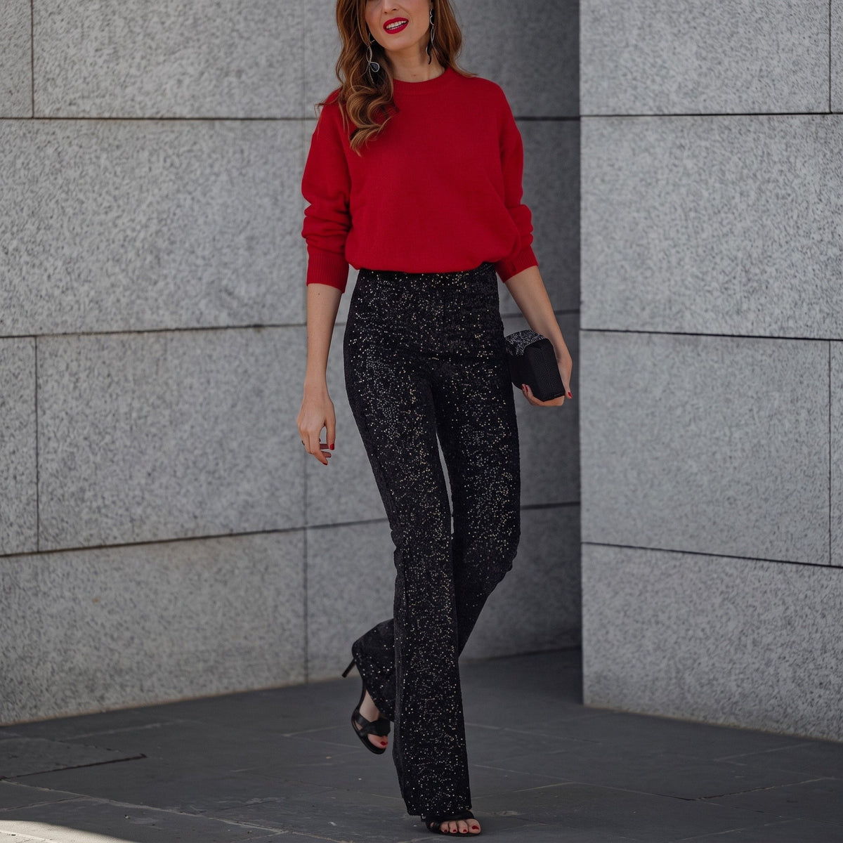 Sophia - Women's Sequin High-Waisted Flare Trousers - Trousers - Black - Sarvento