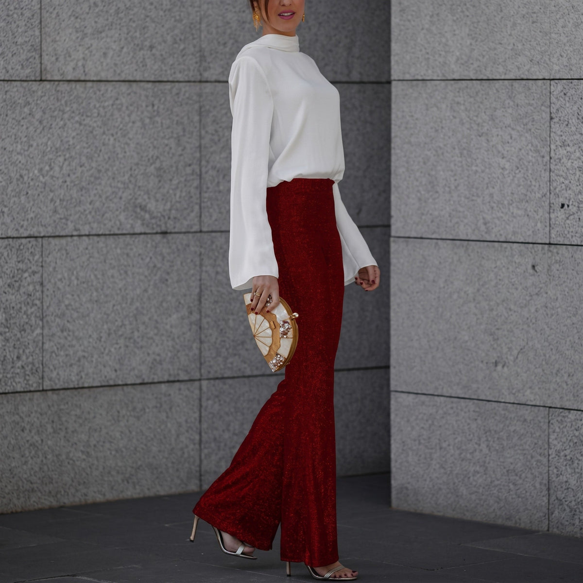 Sophia - Women's Sequin High-Waisted Flare Trousers - Trousers - Wine Red - Sarvento