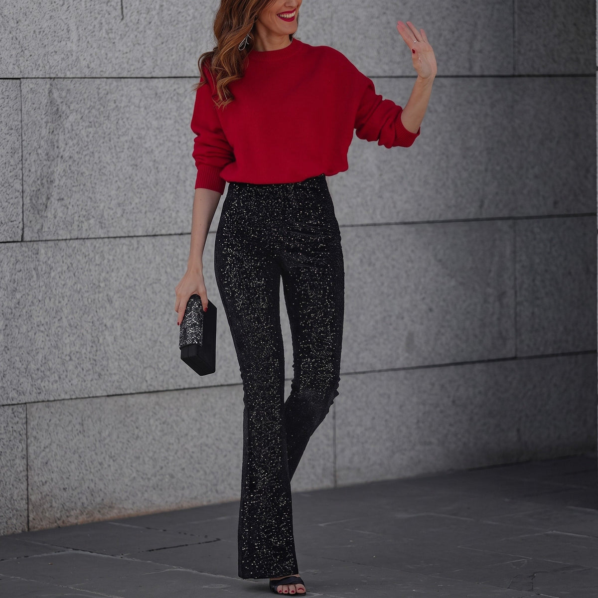 Sophia - Women's Sequin High-Waisted Flare Trousers - Trousers - Black - Sarvento