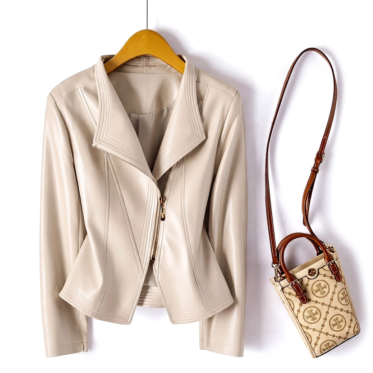 Sophia - Women's Structured Asymmetrical Zip Moto Jacket - Motorcycle Outerwear - Beige - Parker&Brooks