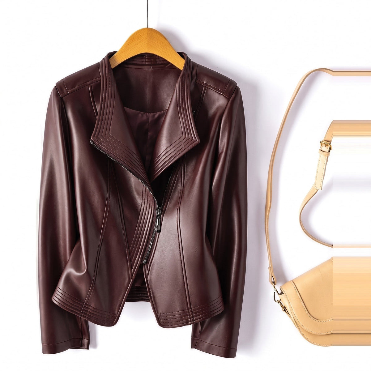 Sophia - Women's Structured Asymmetrical Zip Moto Jacket - Motorcycle Outerwear - Dark Red - Parker&Brooks