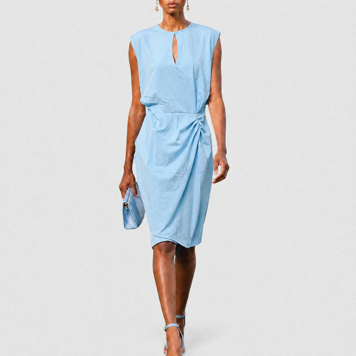 Sophia - Women's Wrap Front Midi Dress with Ruched Waist - Dresses - Light Blue - Parker&Brooks
