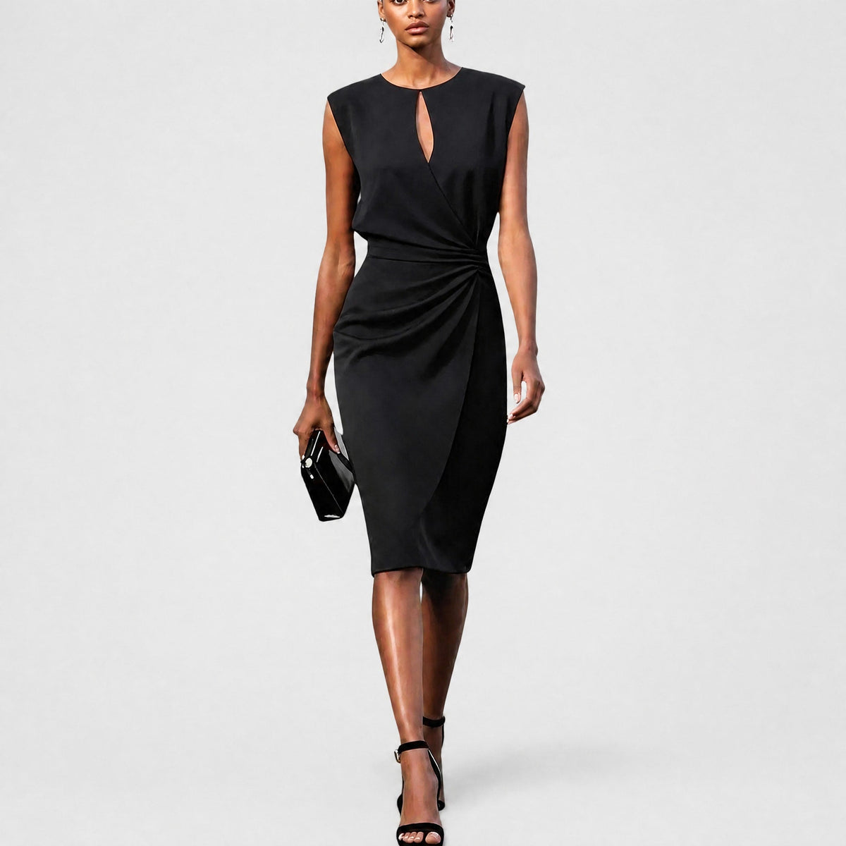 Sophia - Women's Wrap Front Midi Dress with Ruched Waist - Dresses - Black - Parker&Brooks