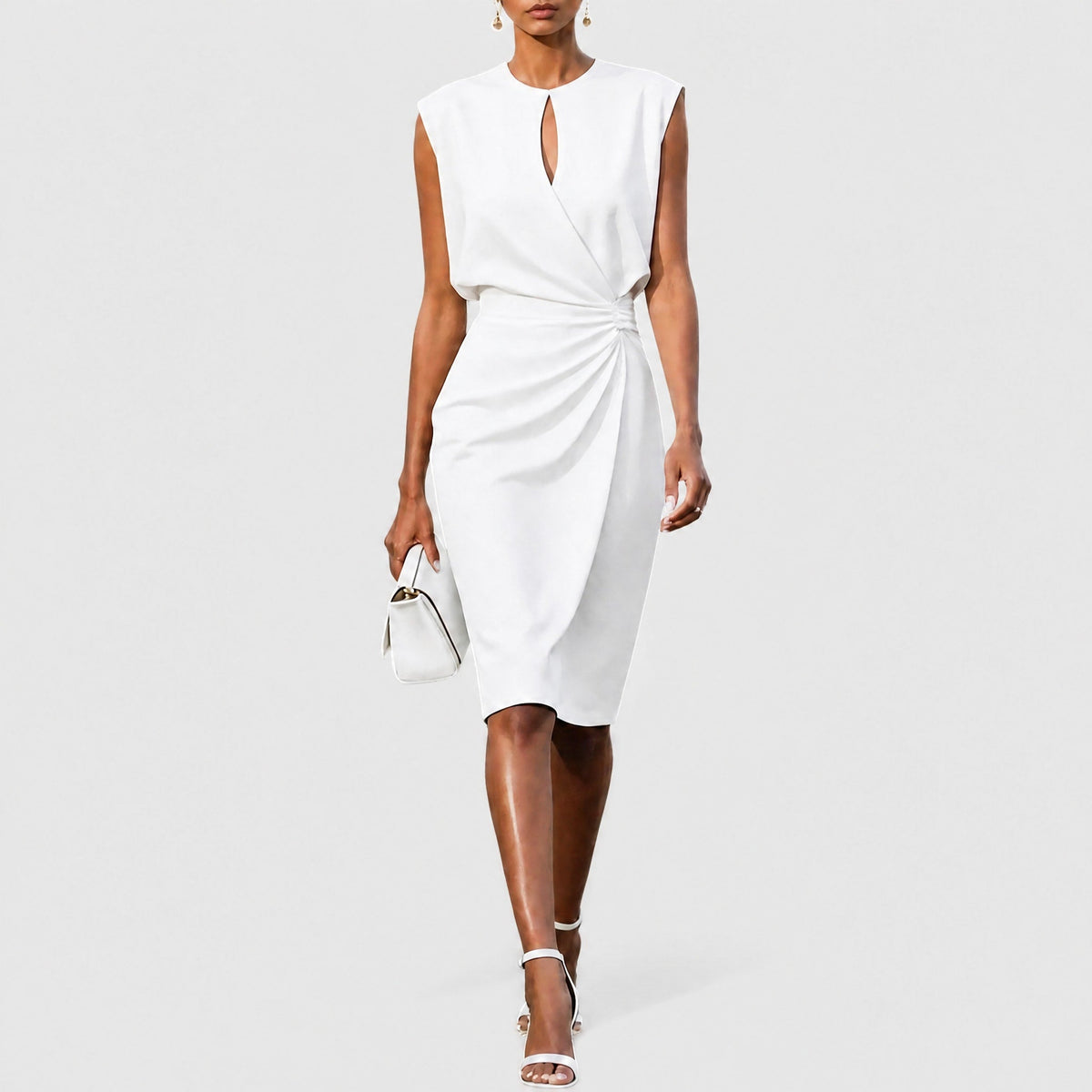 Sophia - Women's Wrap Front Midi Dress with Ruched Waist - Dresses - White - Parker&Brooks
