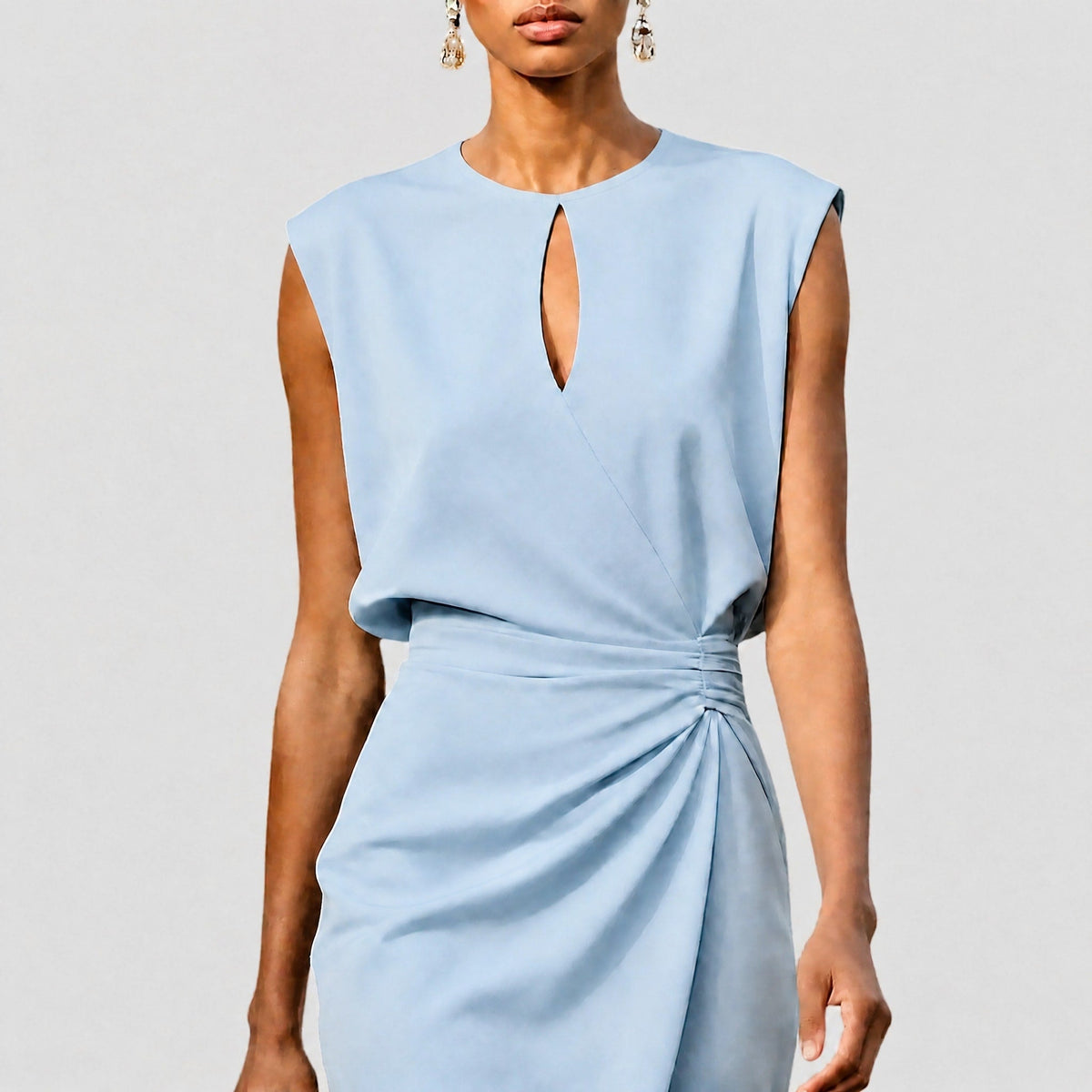 Sophia - Women's Wrap Front Midi Dress with Ruched Waist - Dresses - Light Blue - Parker&Brooks