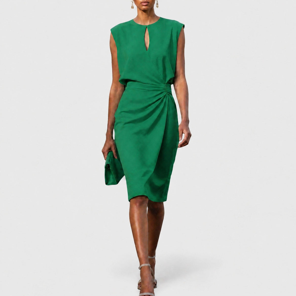 Sophia - Women's Wrap Front Midi Dress with Ruched Waist - Dresses - Green - Parker&Brooks