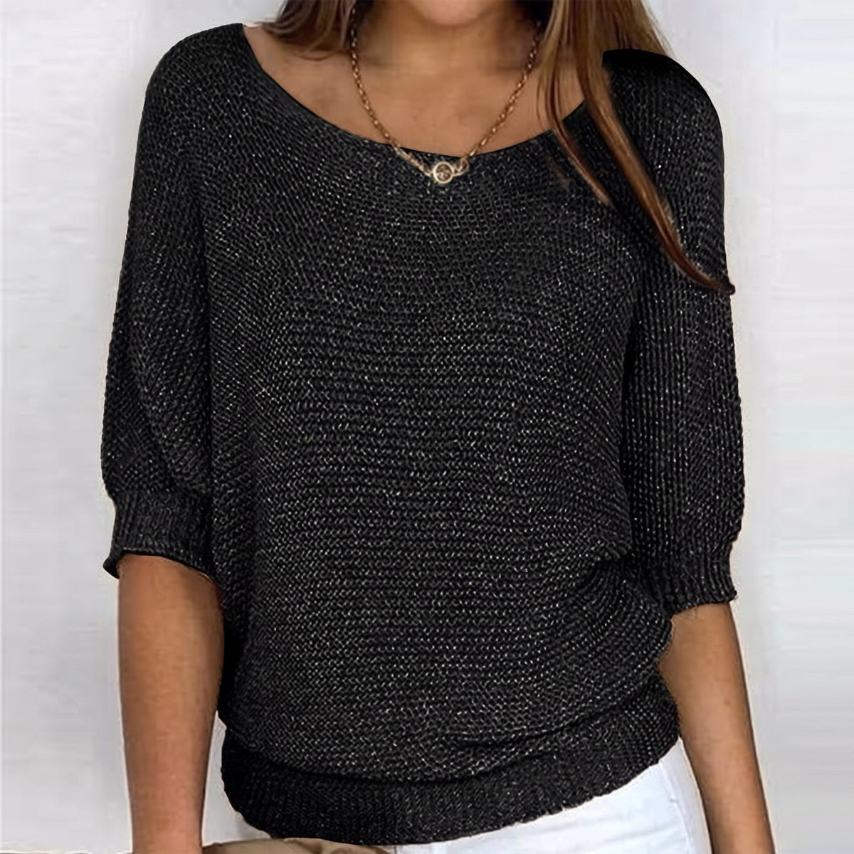 Sophie - Women's Batwing Sleeve Knit Sweater with Boat Neck - Sweater - Black - Sarvento