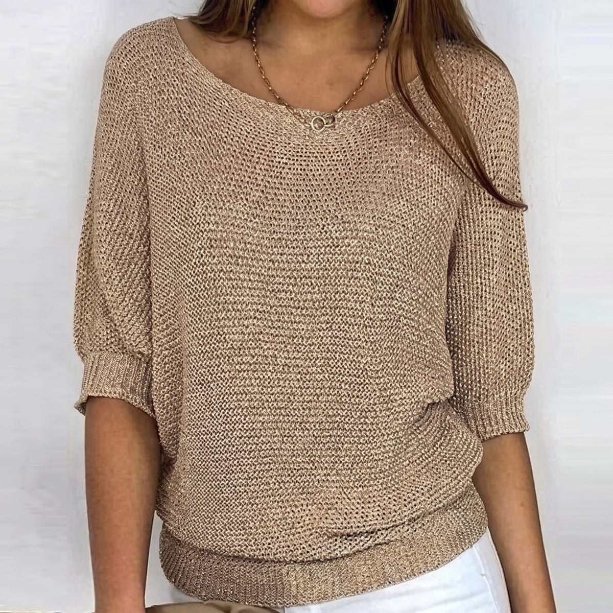 Sophie - Women's Batwing Sleeve Knit Sweater with Boat Neck - Sweater - Khaki - Sarvento