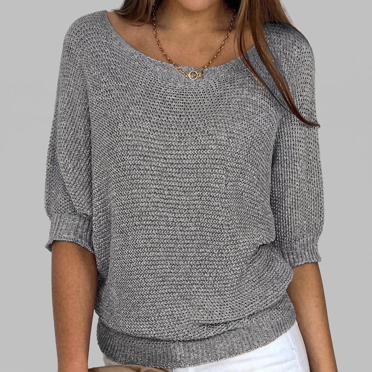 Sophie - Women's Batwing Sleeve Knit Sweater with Boat Neck - Sweater - Gray - Sarvento