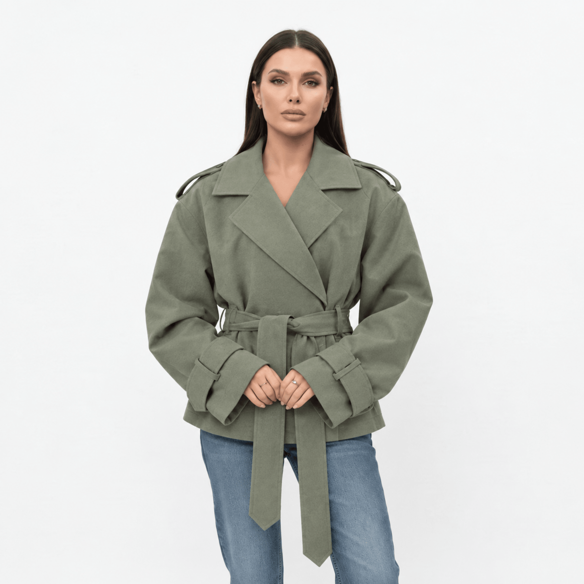 Sophie - Women's Belted Cropped Trench Jacket with Notch Lapel - Trench Coats - Green - Parker&Brooks