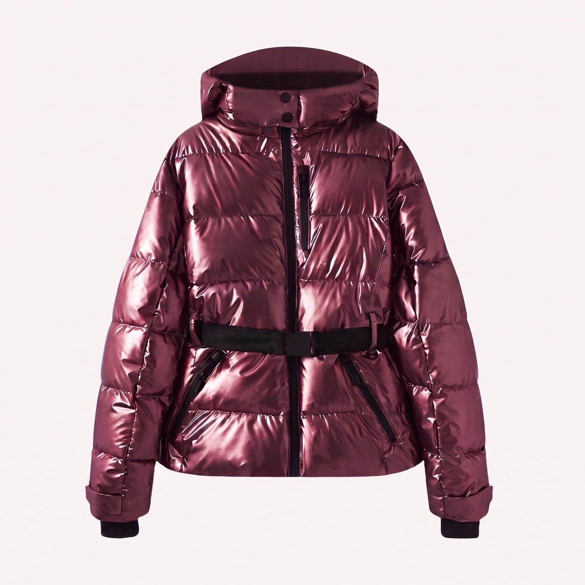 Sophie - Women’s Belted Puffer Jacket with Stand Collar and Zip-Off Hood - Puffer Jackets - Blue - Sarvento