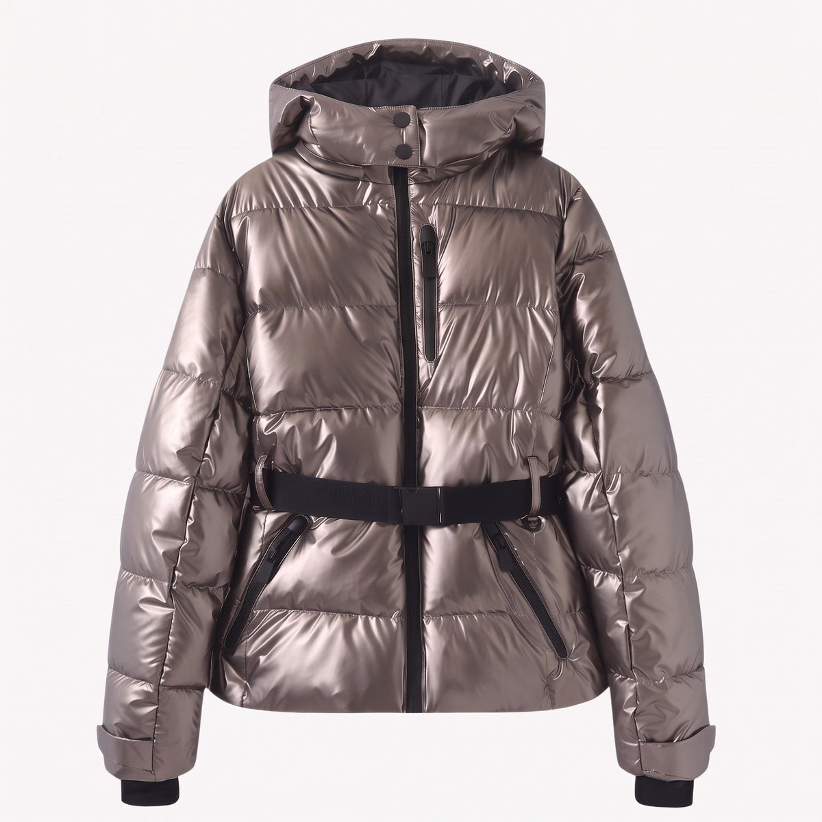 Sophie - Women’s Belted Puffer Jacket with Stand Collar and Zip-Off Hood - Puffer Jackets - Gray - Sarvento