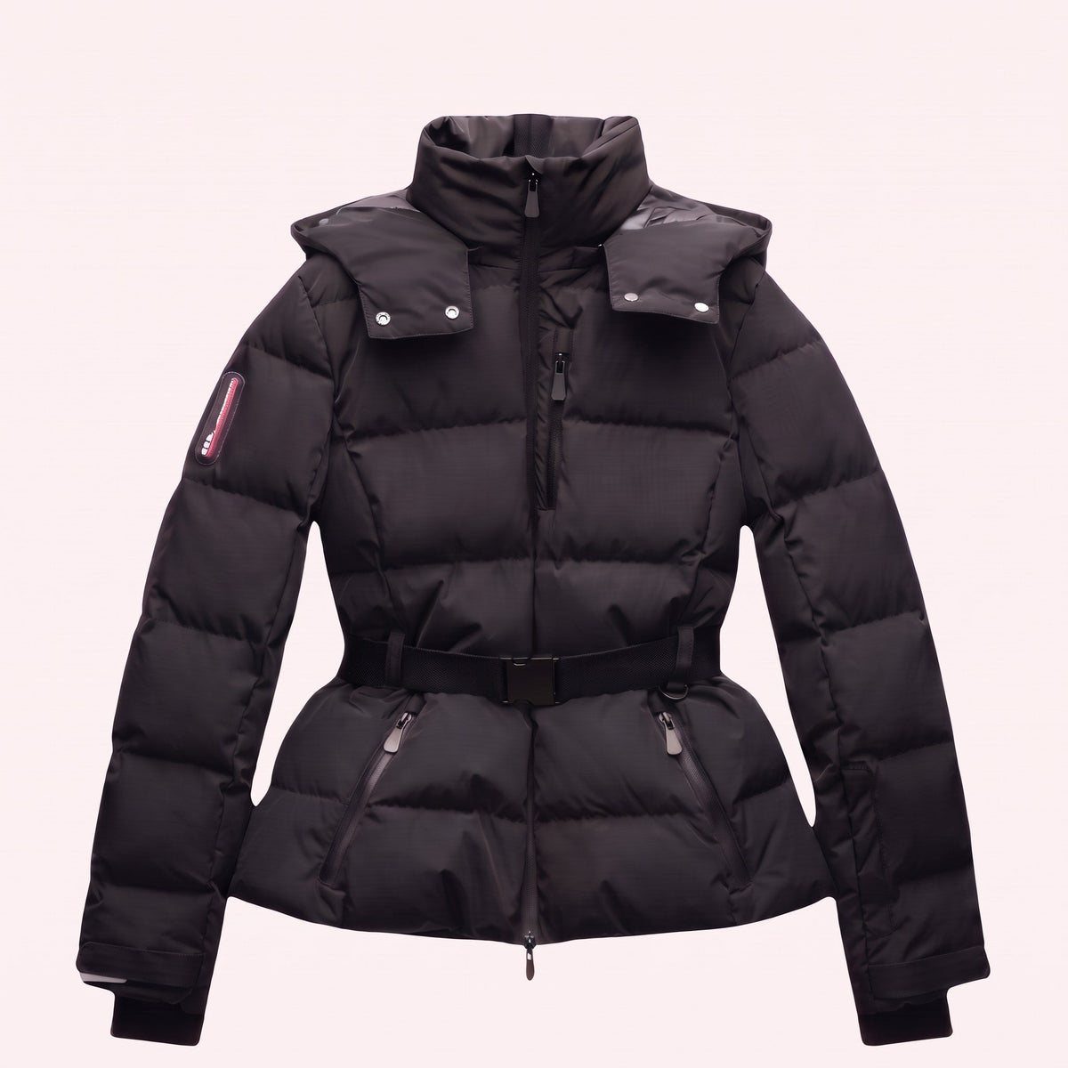 Sophie - Women’s Belted Puffer Jacket with Stand Collar and Zip-Off Hood - Puffer Jackets - Black - Sarvento