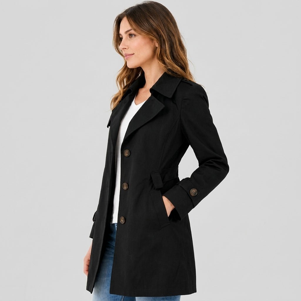 Sophie - Women's Belted Trench Coat with Notch Lapel Collar - Trench Coats - Black - Parker&Brooks