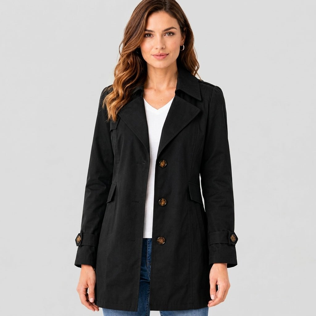 Sophie - Women's Belted Trench Coat with Notch Lapel Collar - Trench Coats - Black - Parker&Brooks