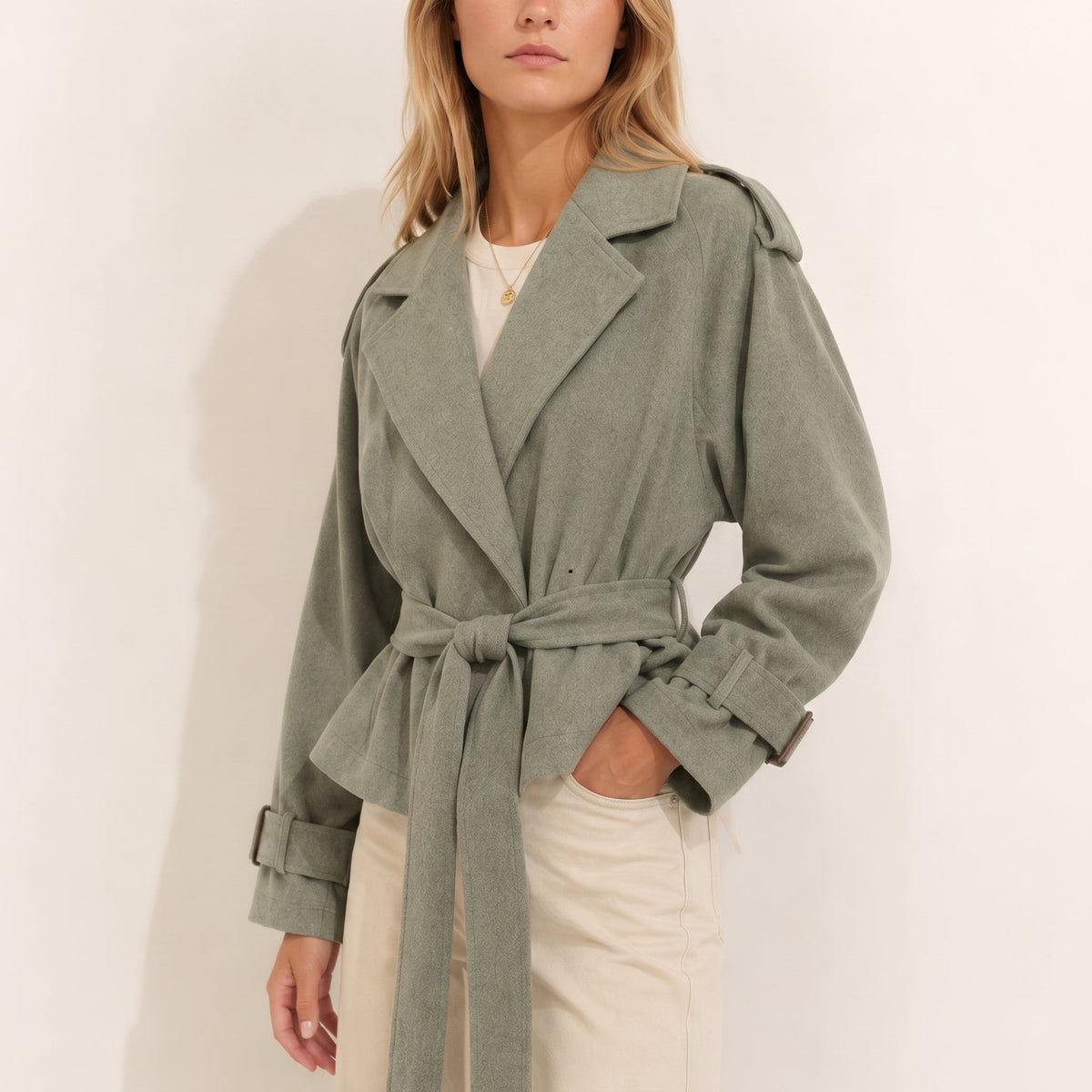Sophie - Women's Belted Trench Coat with Shoulder Tabs - Trench Coats - Green - Parker&Brooks