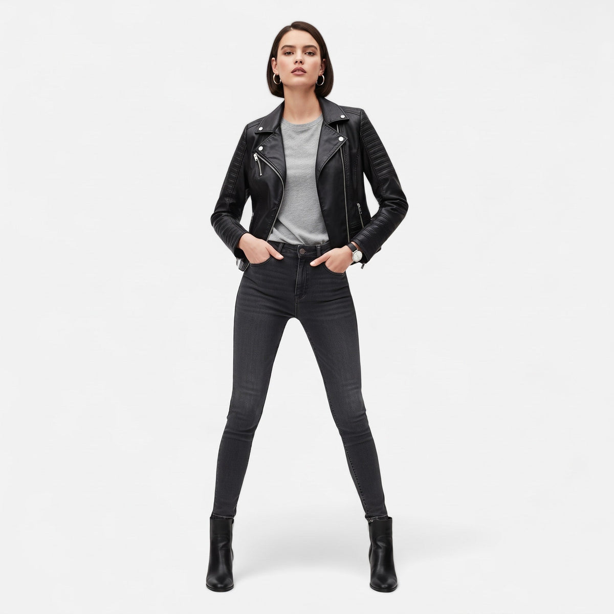 Sophie - Women's Biker Jacket with Quilted Shoulder Detail - Motorcycle Outerwear - Black - Parker&Brooks