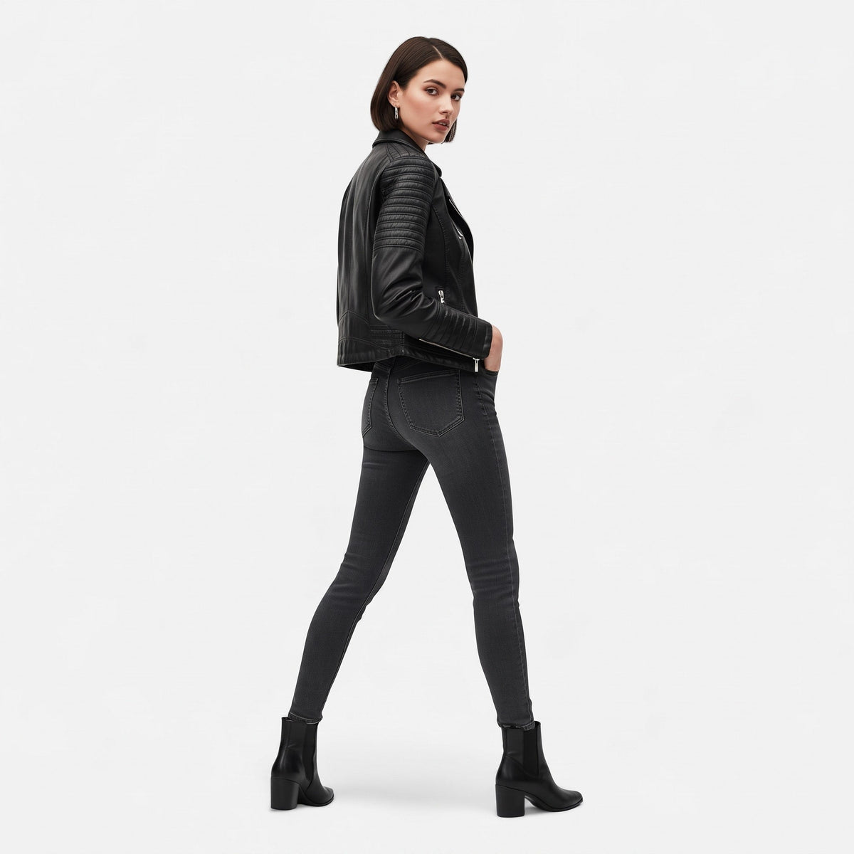 Sophie - Women's Biker Jacket with Quilted Shoulder Detail - Motorcycle Outerwear - Black - Parker&Brooks