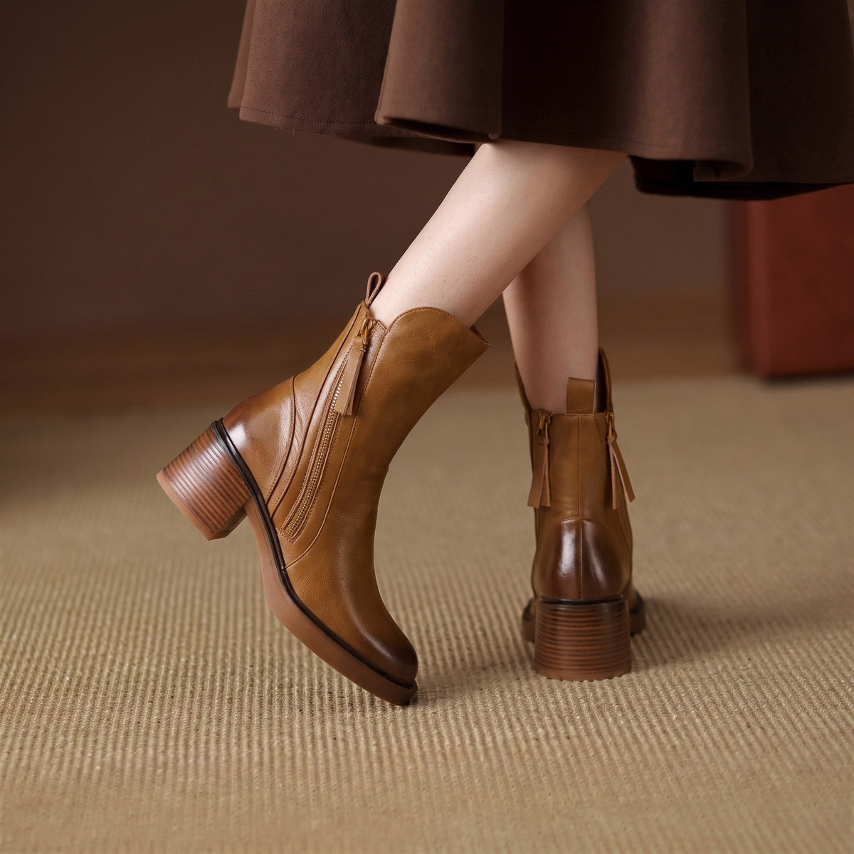 Sophie - Women's Block Heel Ankle Boots with Double Zipper - Boots - Brown - Parker&Brooks
