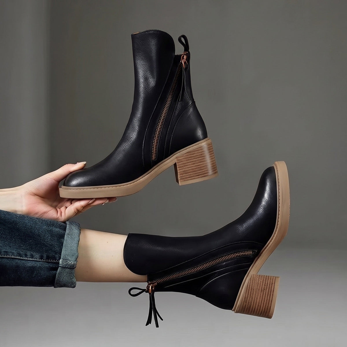 Sophie - Women's Block Heel Ankle Boots with Double Zipper - Boots - Black - Parker&Brooks