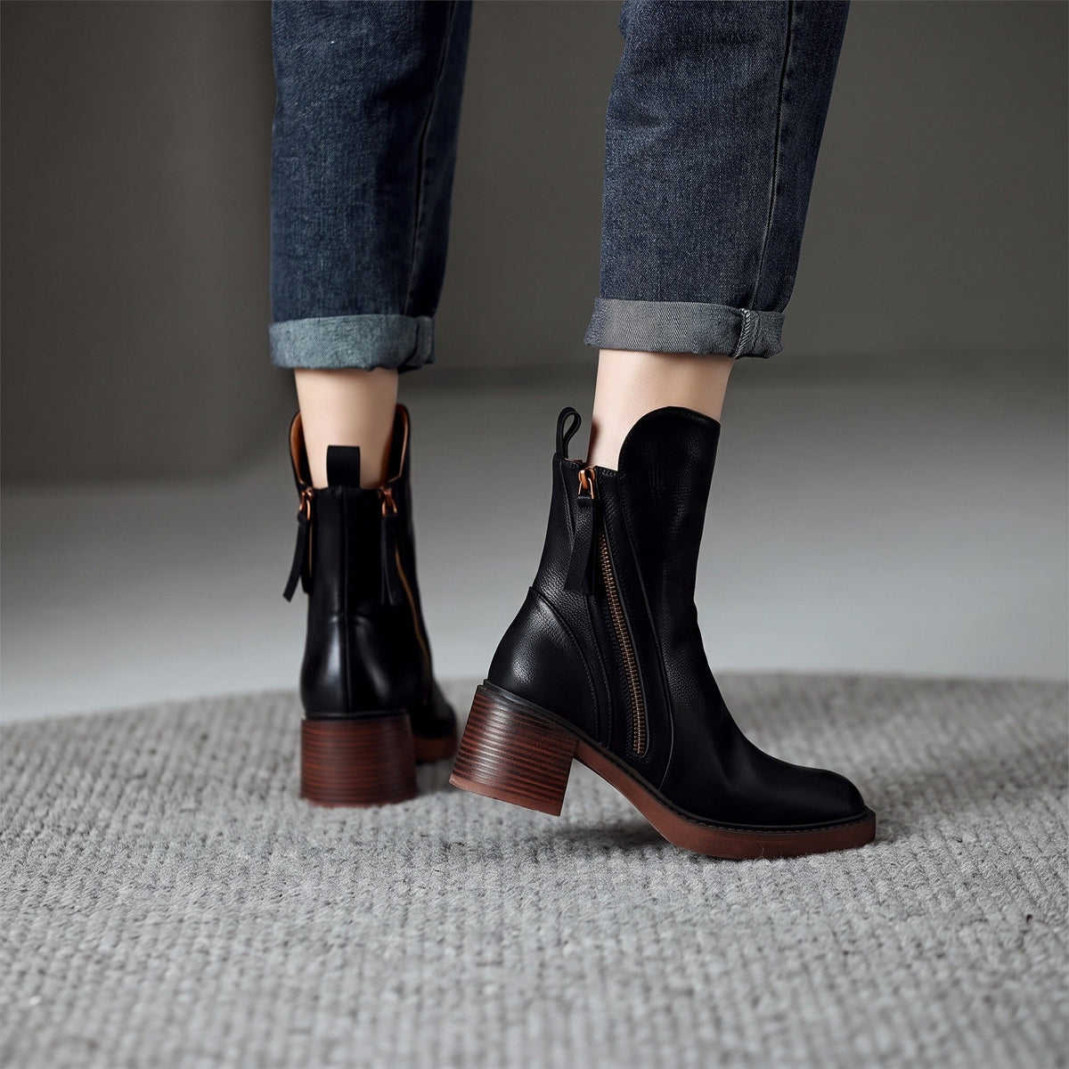 Sophie - Women's Block Heel Ankle Boots with Double Zipper - Boots - Black - Parker&Brooks
