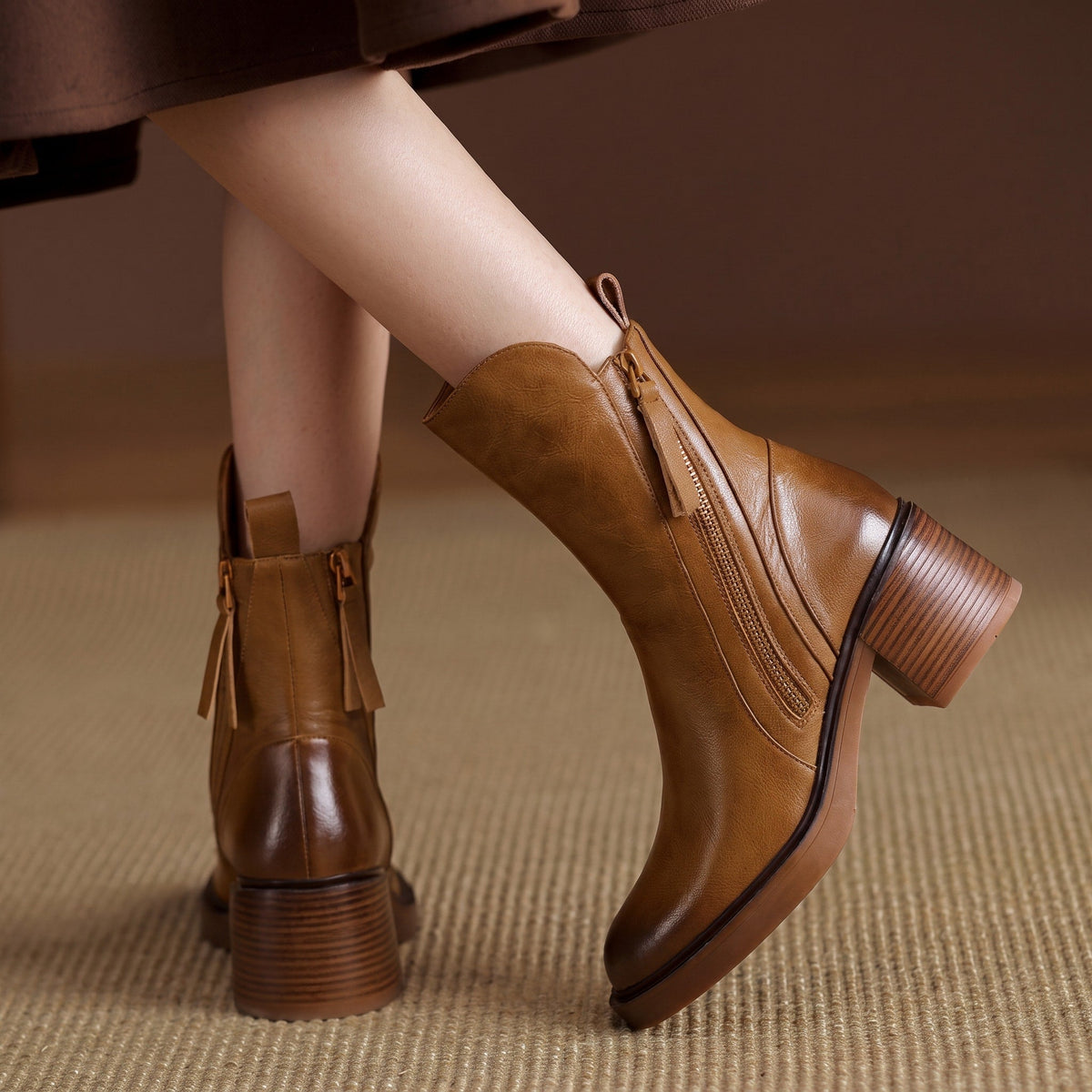 Sophie - Women's Block Heel Ankle Boots with Double Zipper - Boots - Brown - Parker&Brooks