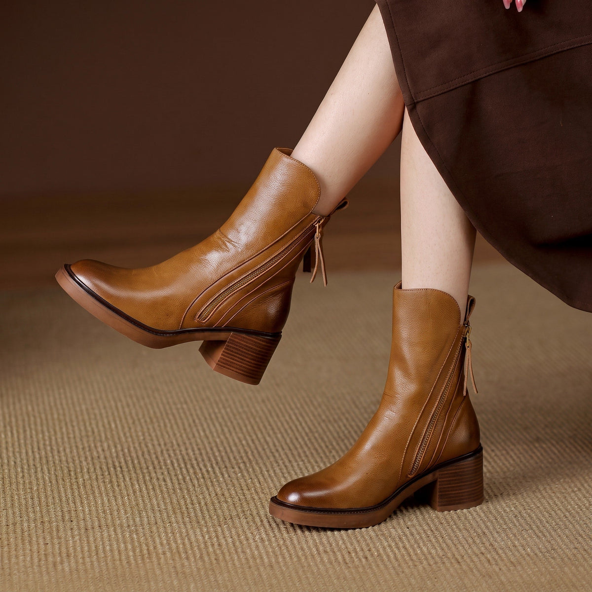 Sophie - Women's Block Heel Ankle Boots with Double Zipper - Boots - Brown - Parker&Brooks