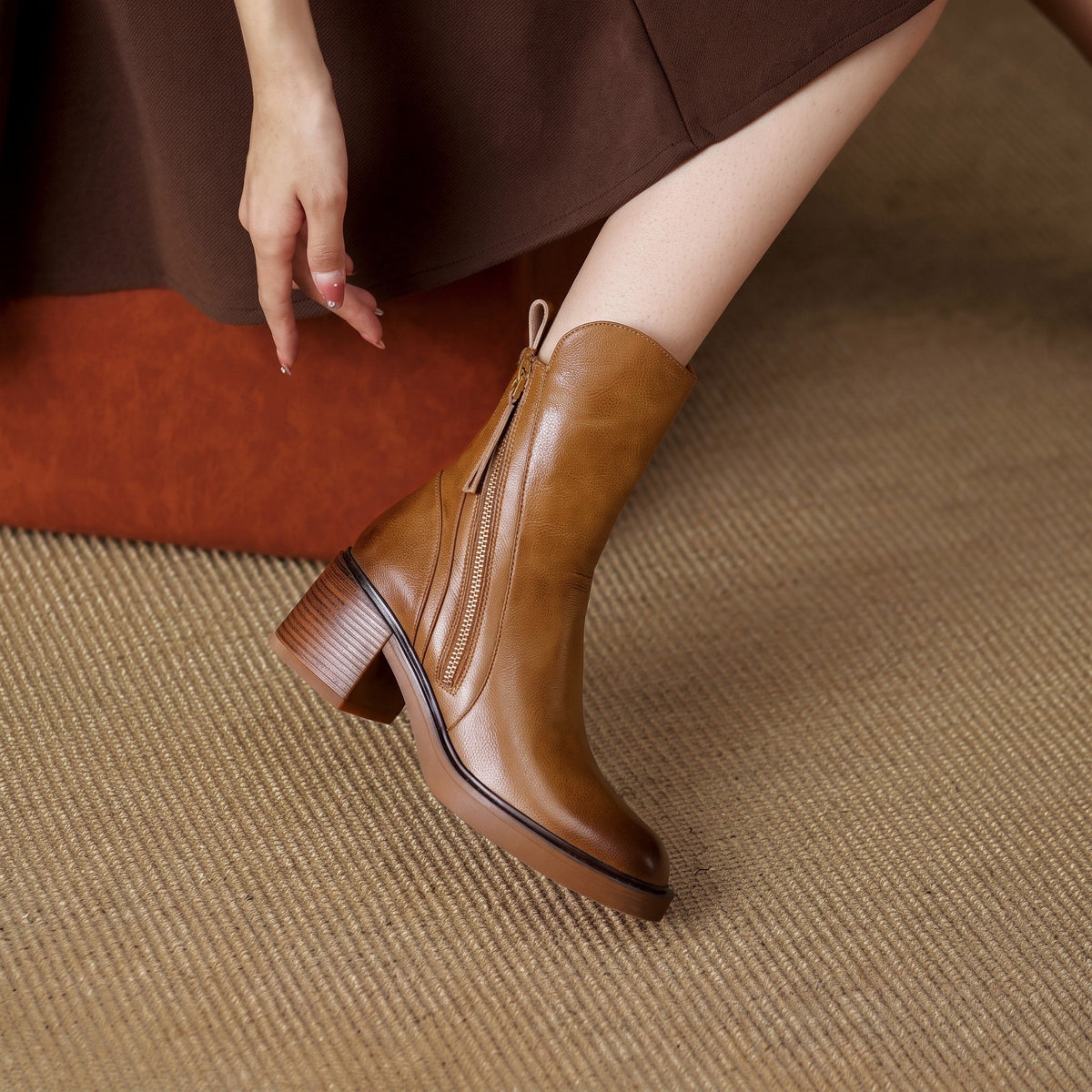 Sophie - Women's Block Heel Ankle Boots with Double Zipper - Boots - Brown - Parker&Brooks