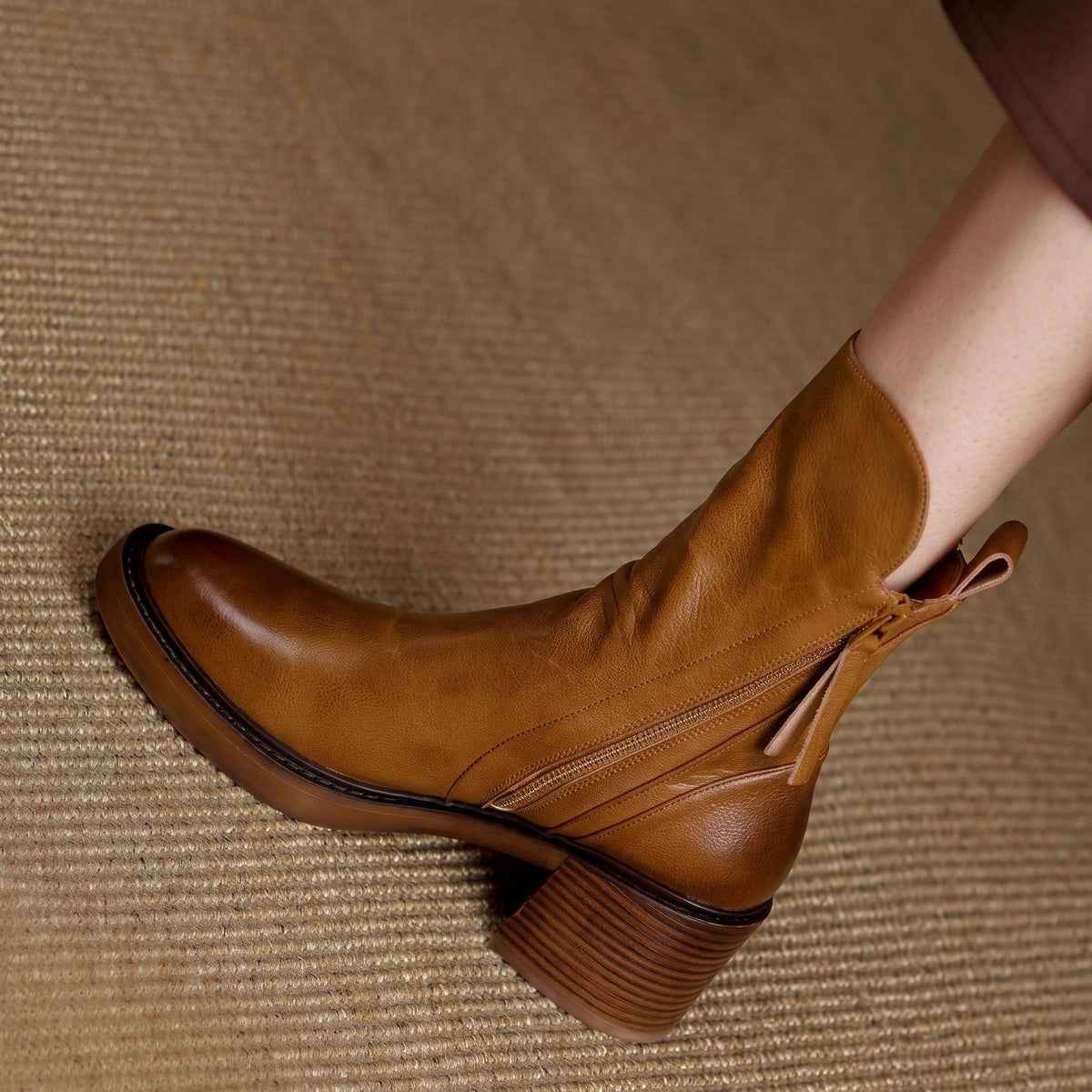 Sophie - Women's Block Heel Ankle Boots with Double Zipper - Boots - Brown - Parker&Brooks