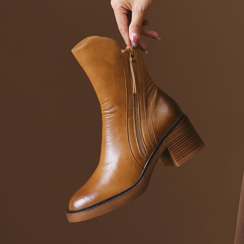 Sophie - Women's Block Heel Ankle Boots with Double Zipper - Boots - Brown - Parker&Brooks