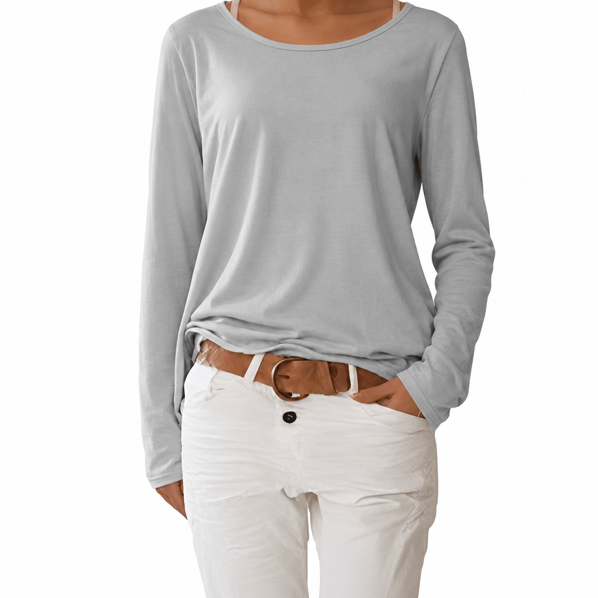 Sophie - Women's Boat Neck Relaxed Fit Long Sleeve Top - Blouses - Gray - Sarvento