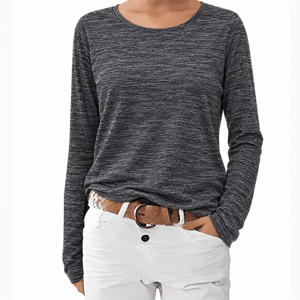Sophie - Women's Boat Neck Relaxed Fit Long Sleeve Top - Blouses - Dark Gray - Sarvento