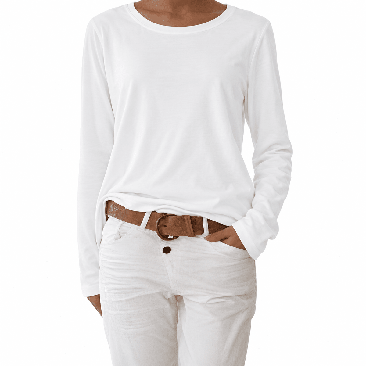 Sophie - Women's Boat Neck Relaxed Fit Long Sleeve Top - Blouses - White - Sarvento