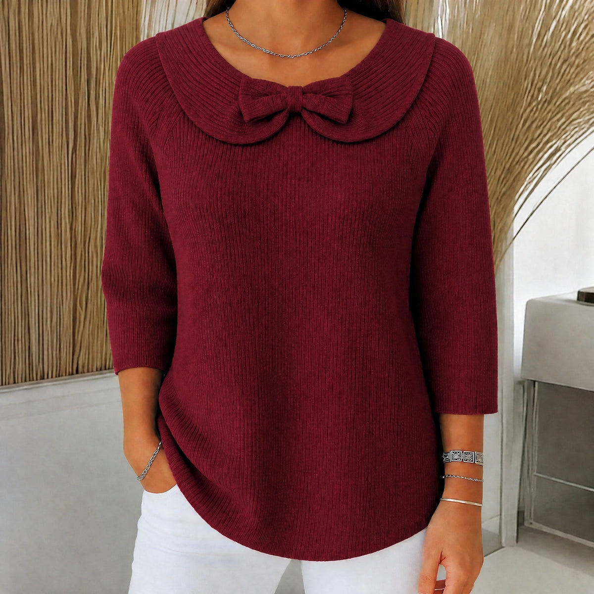 Sophie - Women's Bow Collar Ribbed Knit Sweater with Three-Quarter Sleeves - Sweaters - Red - Parker&Brooks